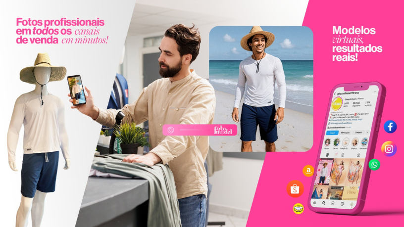 Com o FotoModel, crie simulações visuais realistas para destacar produtos em ambientes personalizados.